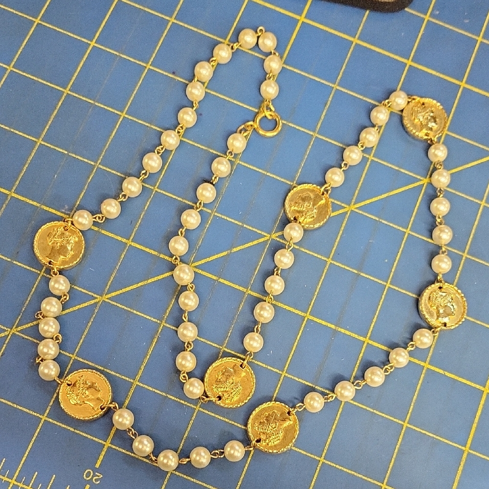 Vintage Gold Tone Faux Pearl Coin 36